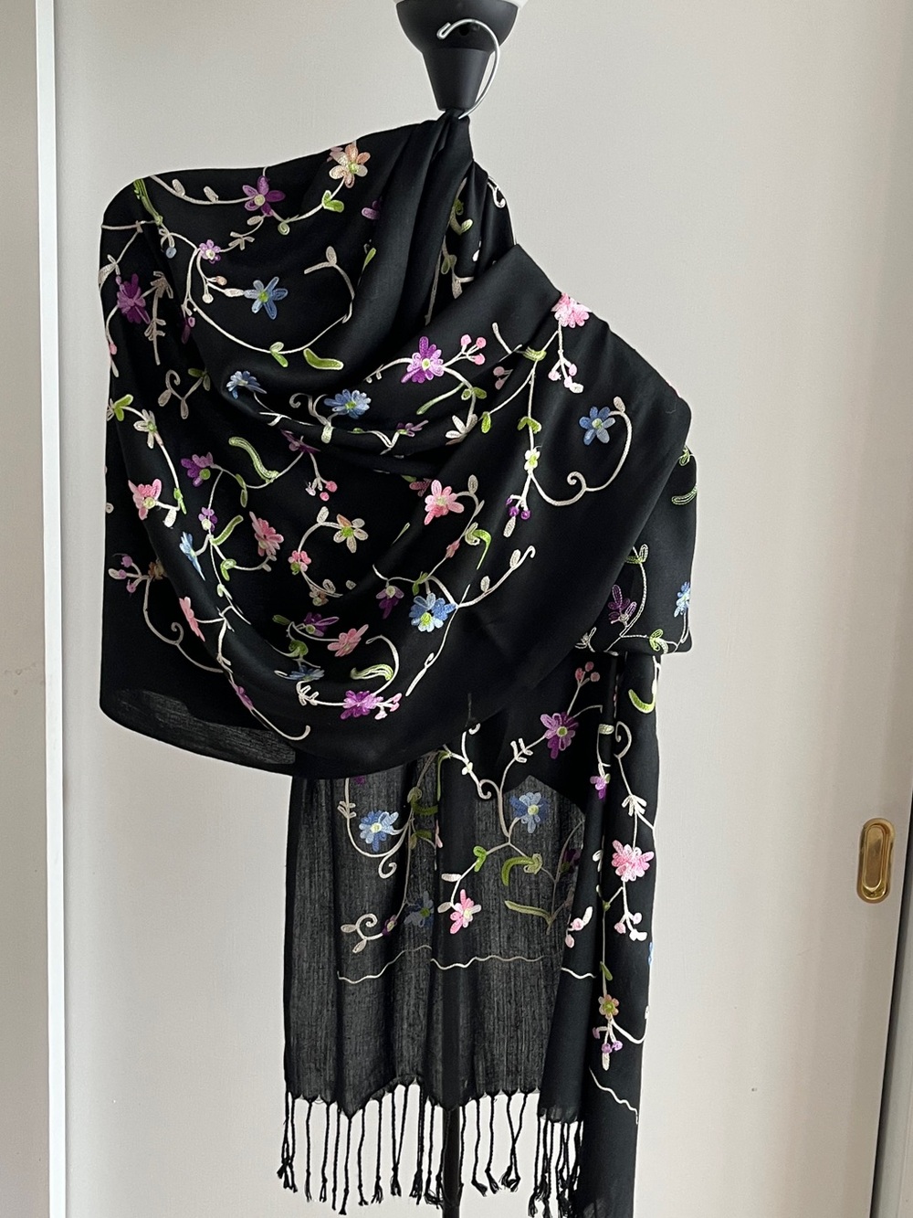 Kashmir Shawl scarf Wrap Black Floral Crewel Embroidered Cotton Blend 72" L
